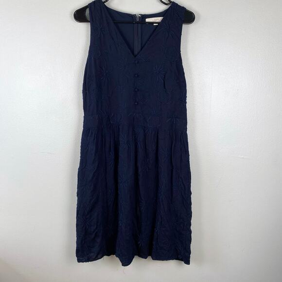 Loft Embroidered Flowers Flare Cocktail Dress Navy Fit Flare Sleeveless Size 10 - Picture 2 of 11
